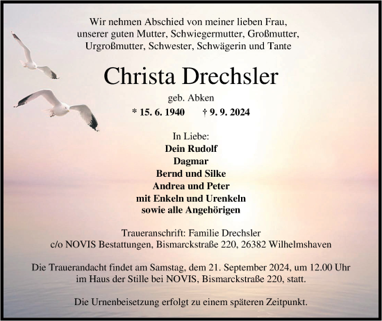 Traueranzeige von Christa Drechsler von WZ/JW/AH