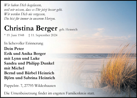 Traueranzeige von Christina Berger von Nordwest-Zeitung