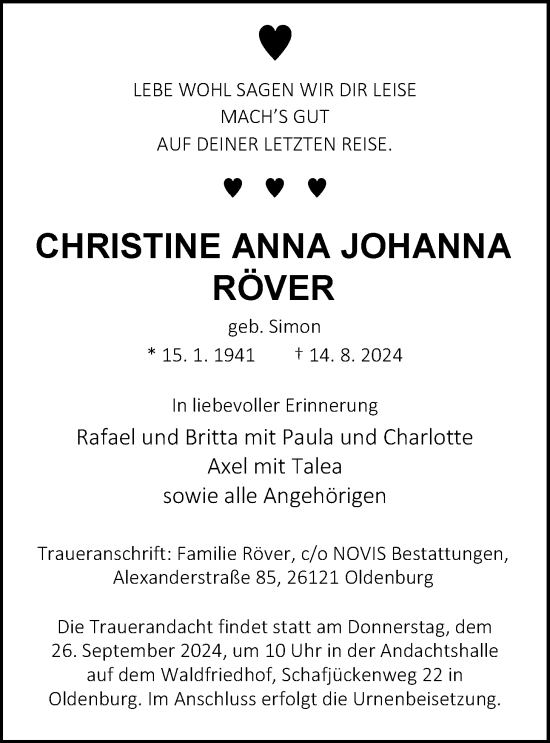 Traueranzeige von Christine Anna Johanna Röver von Nordwest-Zeitung
