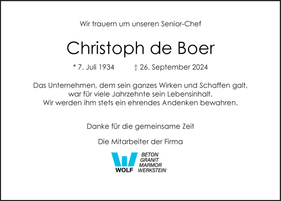 Traueranzeige von Christoph de Boer von Emder Zeitung