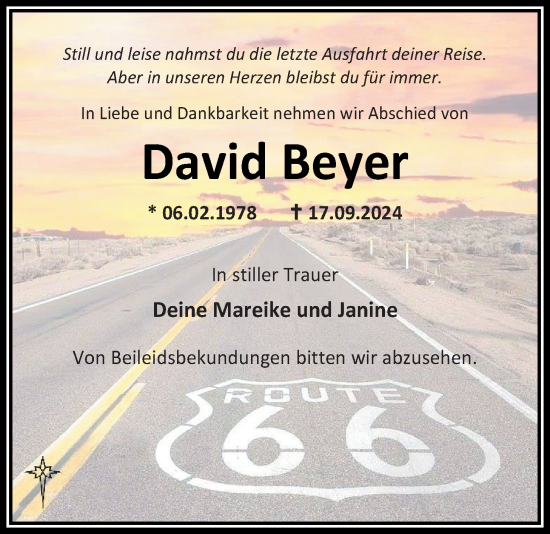 Traueranzeige von David Beyer von WZ/JW/AH