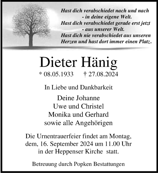 Traueranzeige von Dieter Hänig von WZ/JW/AH