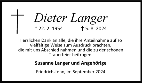 Traueranzeige von Dieter Langer von Nordwest-Zeitung