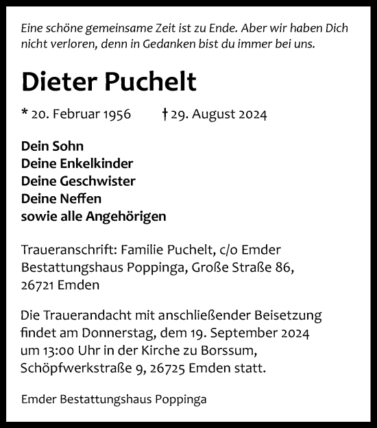 Traueranzeige von Dieter Puchelt von Emder Zeitung