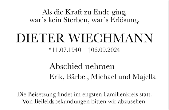 Traueranzeige von Dieter Wiechmann von Nordwest-Zeitung