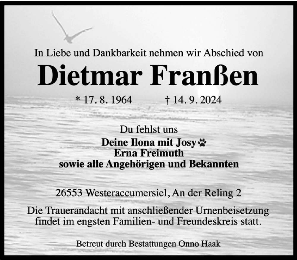  Traueranzeige für Dietmar Franßen vom 18.09.2024 aus WZ/JW/AH