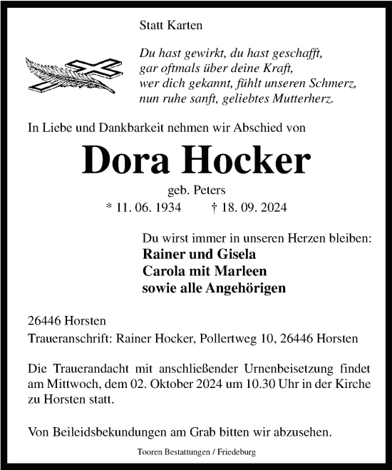 Traueranzeige von Dora Hocker von WZ/JW/AH