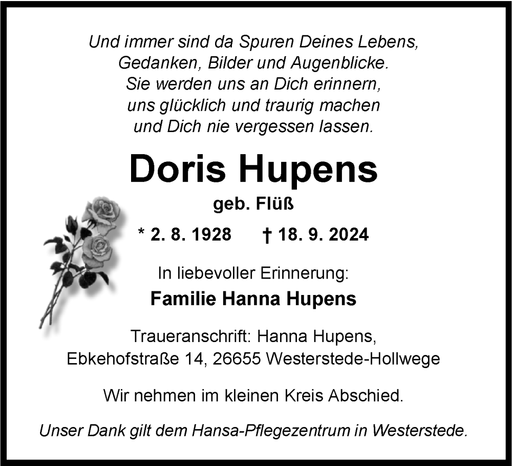  Traueranzeige für Doris Hupens vom 21.09.2024 aus Nordwest-Zeitung