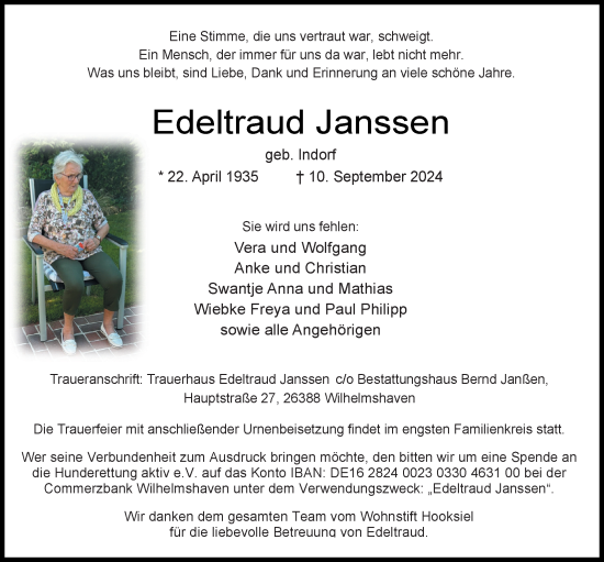 Traueranzeige von Edeltraud Janssen von WZ/JW/AH