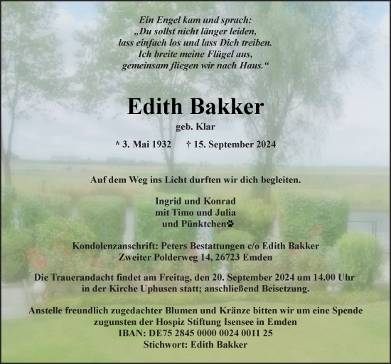 Traueranzeige von Edith Bakker von Emder Zeitung