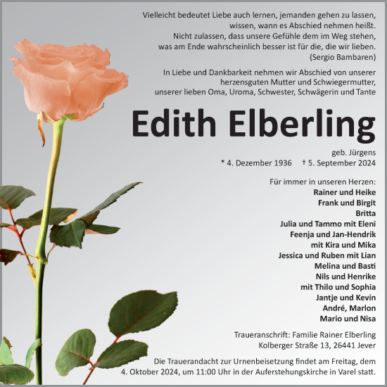 Traueranzeige von Edith Elberling von Nordwest-Zeitung