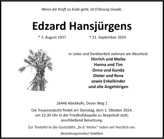 Traueranzeige von Edzard Hansjürgens von WZ/JW/AH