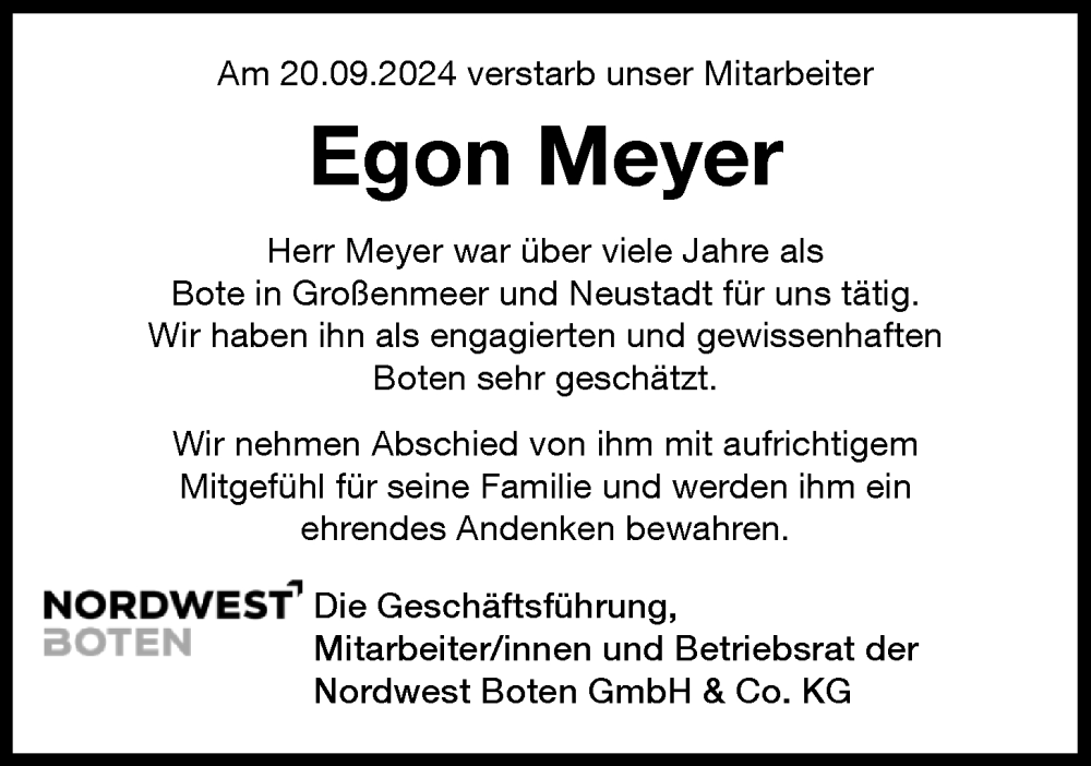  Traueranzeige für Egon Meyer vom 25.09.2024 aus Nordwest-Zeitung