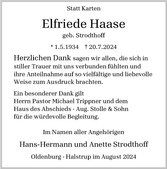 Traueranzeige von Elfriede Haase von Nordwest-Zeitung