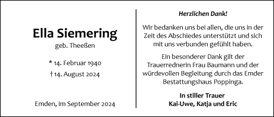 Traueranzeige von Ella Siemering von Emder Zeitung