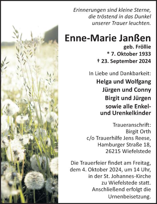 Traueranzeige von Enne-Marie Janßen von Nordwest-Zeitung