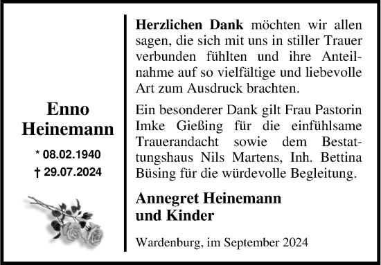 Traueranzeige von Enno Heinemann von Nordwest-Zeitung