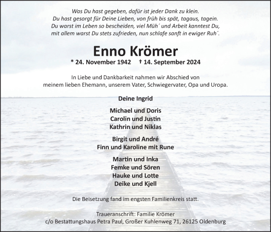 Traueranzeige von Enno Krömer von Nordwest-Zeitung