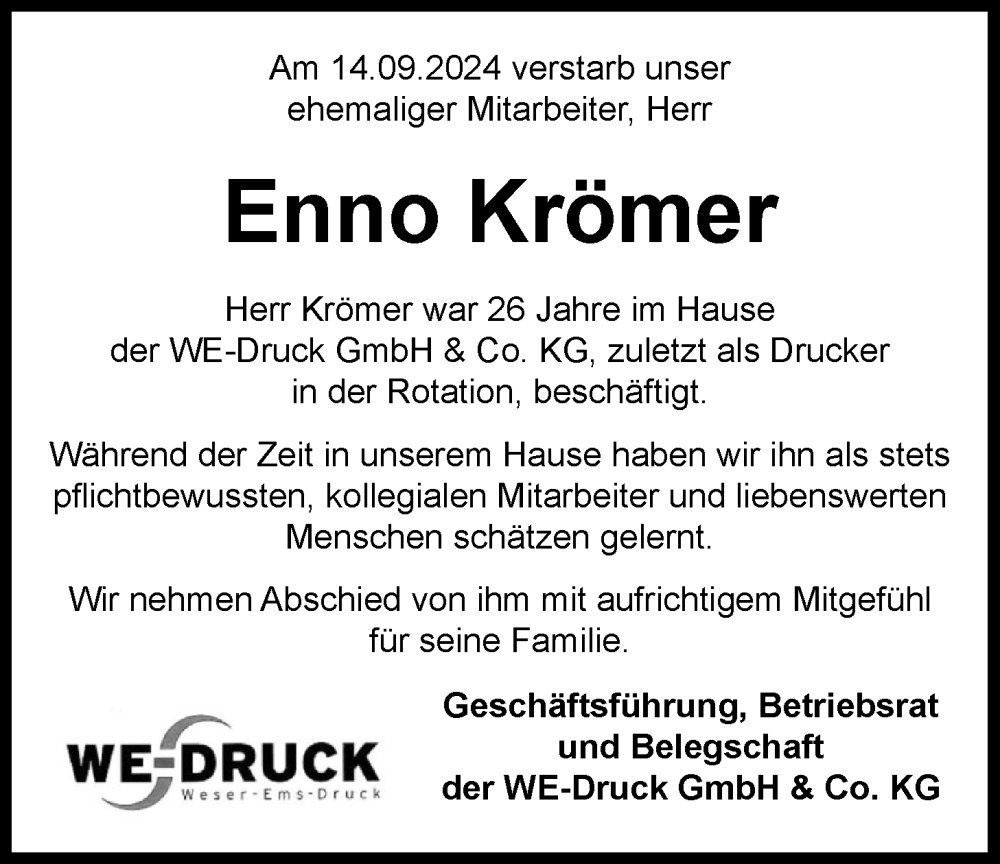  Traueranzeige für Enno Krömer vom 28.09.2024 aus Nordwest-Zeitung