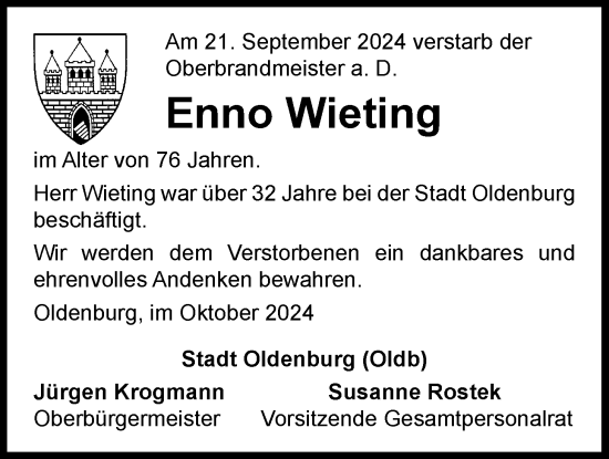 Traueranzeige von Enno Wieting von Nordwest-Zeitung