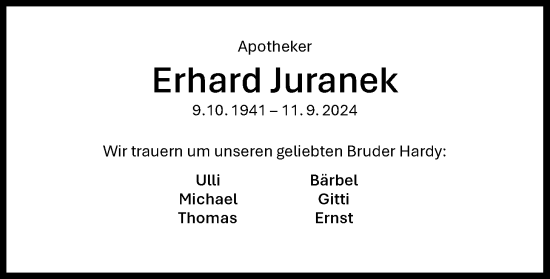 Traueranzeige von Erhard Juranek von Nordwest-Zeitung