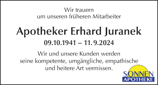 Traueranzeige von Erhard Juranek von Nordwest-Zeitung