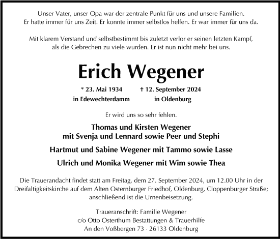 Traueranzeige von Erich Wegener von Nordwest-Zeitung