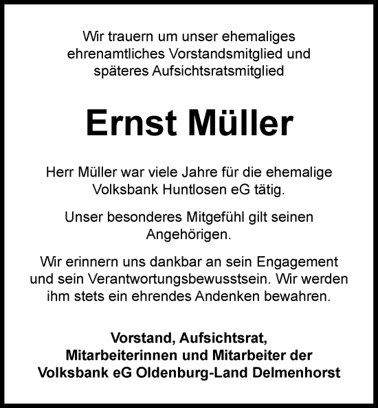 Traueranzeige von Ernst Müller von Nordwest-Zeitung