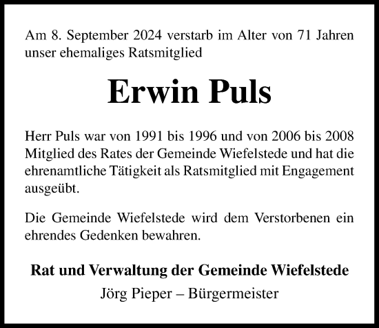 Traueranzeige von Erwin Puls von Nordwest-Zeitung