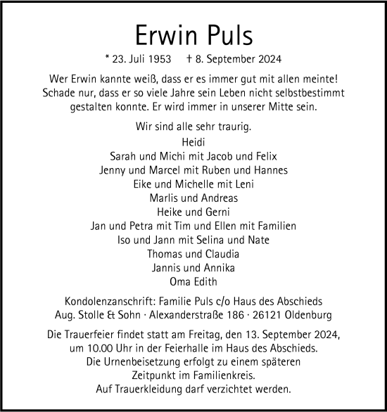 Traueranzeige von Erwin Puls von Nordwest-Zeitung