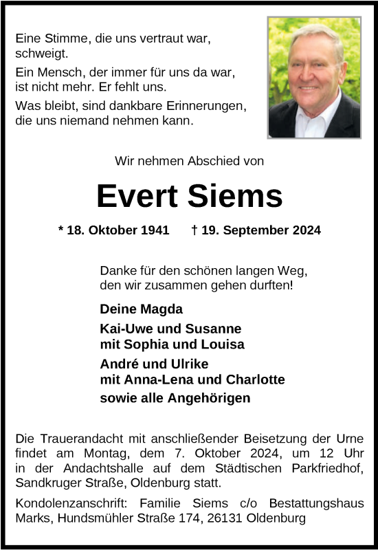 Traueranzeige von Evert Siems von Nordwest-Zeitung