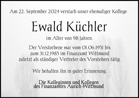 Traueranzeige von Ewald Küchler von WZ/JW/AH