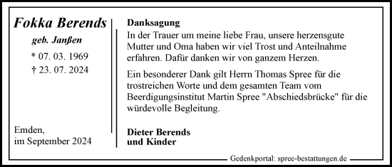 Traueranzeige von Fokka Berends von Emder Zeitung