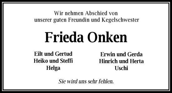 Traueranzeige von Frieda Onken von WZ/JW/AH