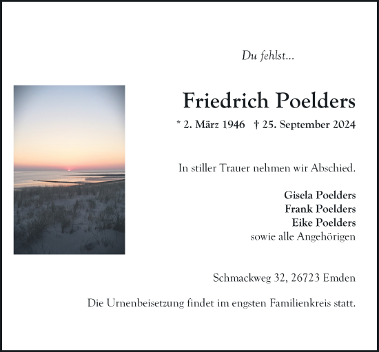 Traueranzeige von Friedrich Poelders von Emder Zeitung