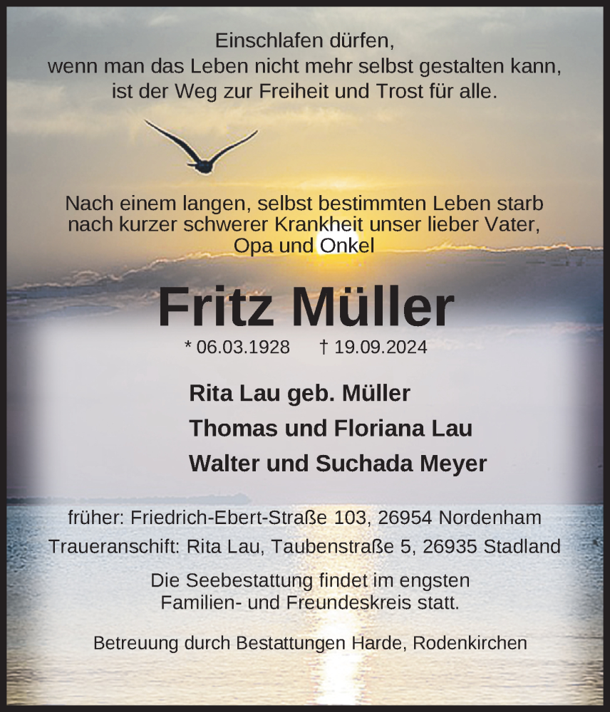  Traueranzeige für Fritz Müller vom 25.09.2024 aus Nordwest-Zeitung