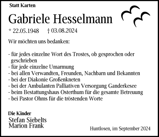 Traueranzeige von Gabriele Hesselmann von Nordwest-Zeitung