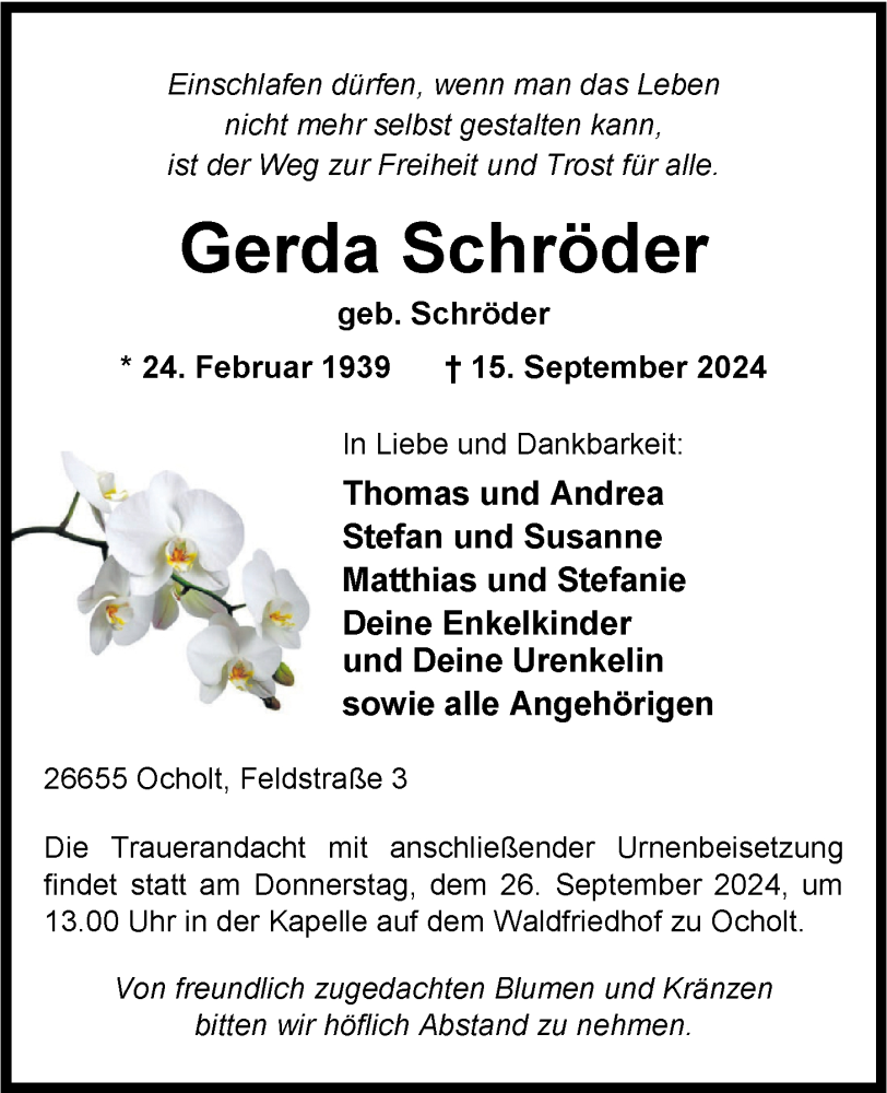  Traueranzeige für Gerda Schröder vom 20.09.2024 aus Nordwest-Zeitung