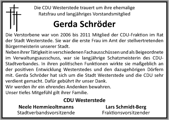 Traueranzeige von Gerda Schröder von Nordwest-Zeitung