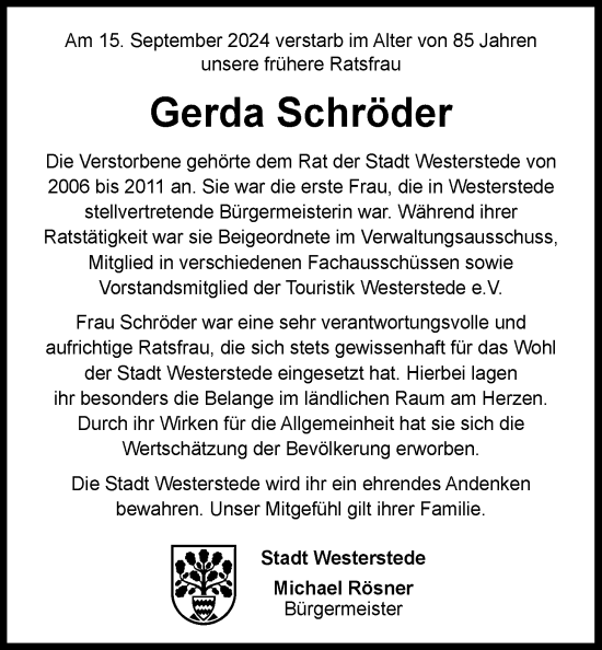 Traueranzeige von Gerda Schröder von Nordwest-Zeitung