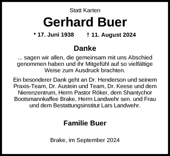 Traueranzeige von Gerhard Buer von Nordwest-Zeitung