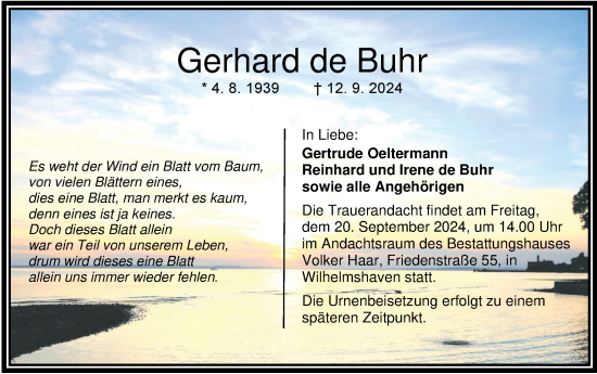 Traueranzeige von Gerhard de Buhr von WZ/JW/AH