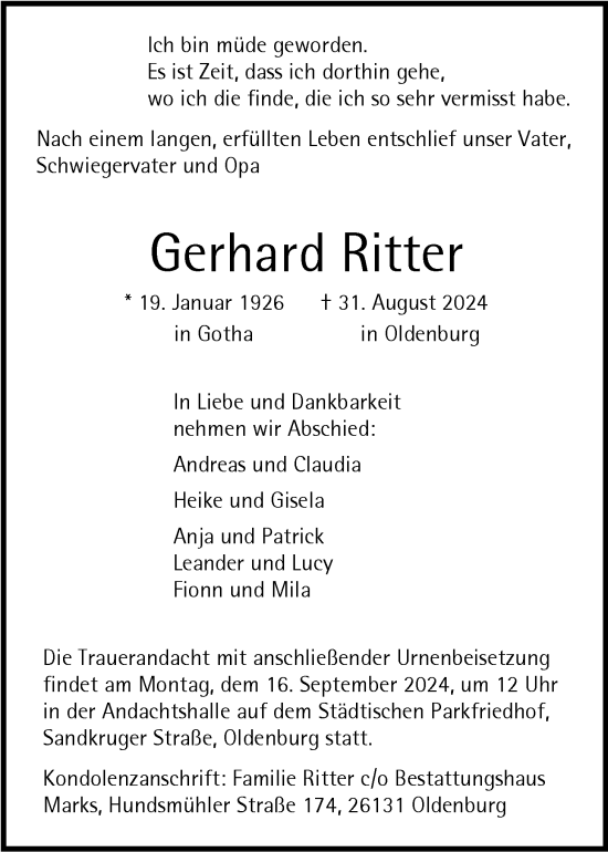 Traueranzeige von Gerhard Ritter von Nordwest-Zeitung