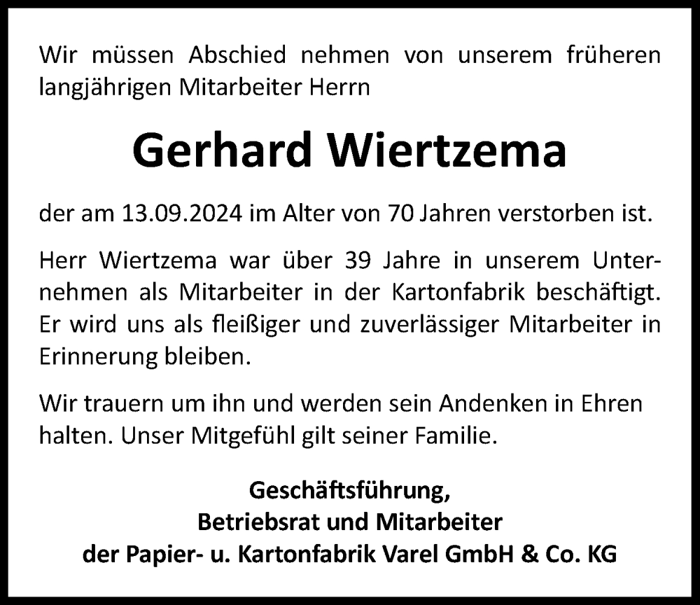  Traueranzeige für Gerhard Wiertzema vom 28.09.2024 aus Nordwest-Zeitung