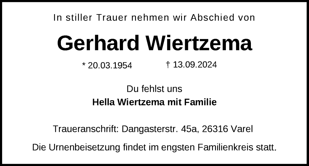  Traueranzeige für Gerhard Wiertzema vom 28.09.2024 aus Nordwest-Zeitung