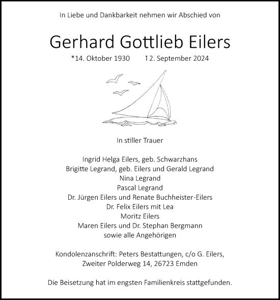 Traueranzeige von Gerhard Gottlieb Eilers von Emder Zeitung