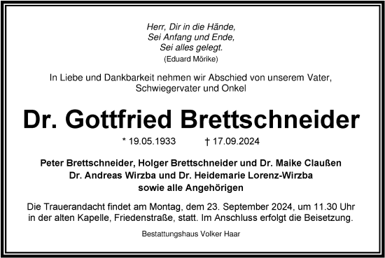 Traueranzeige von Gottfried Brettschneider von WZ/JW/AH