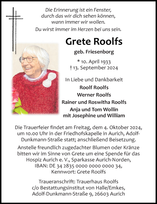 Traueranzeige von Grete Roolfs von Emder Zeitung