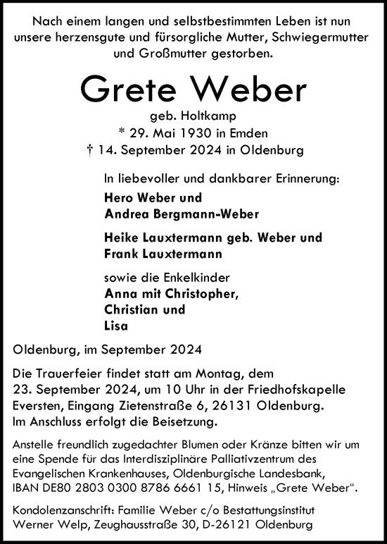 Traueranzeige von Grete Weber von Nordwest-Zeitung