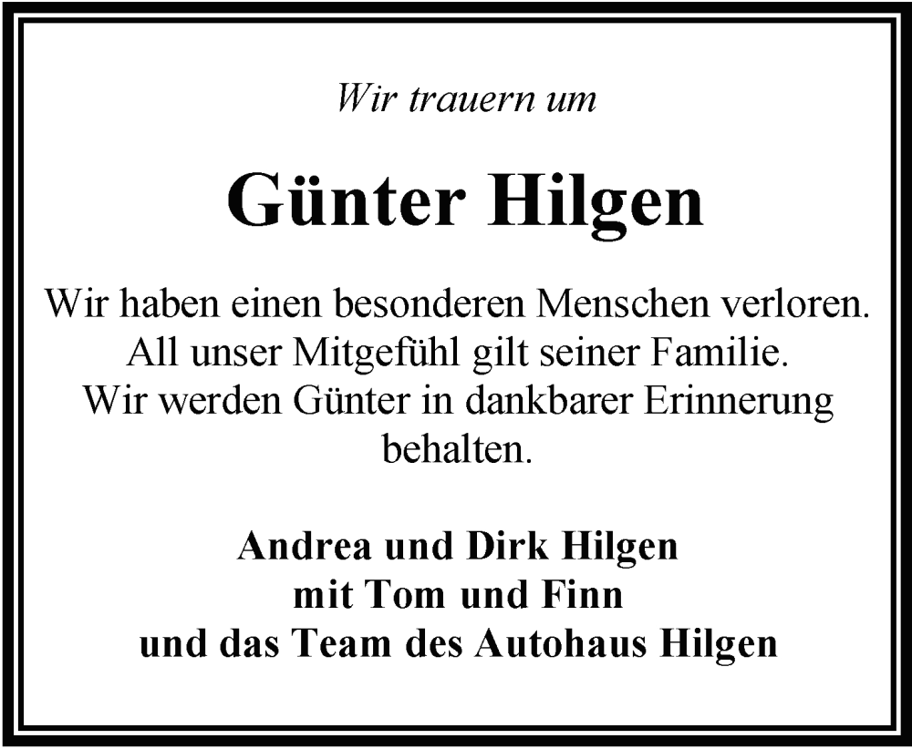  Traueranzeige für Günter Hilgen vom 10.09.2024 aus Nordwest-Zeitung